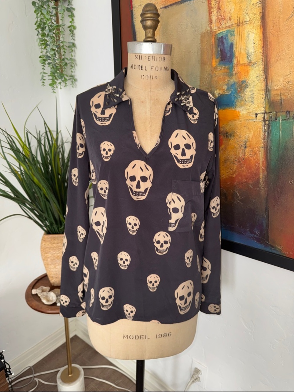 Vintage Havana, Skull Print, Studded Collar, Blouse